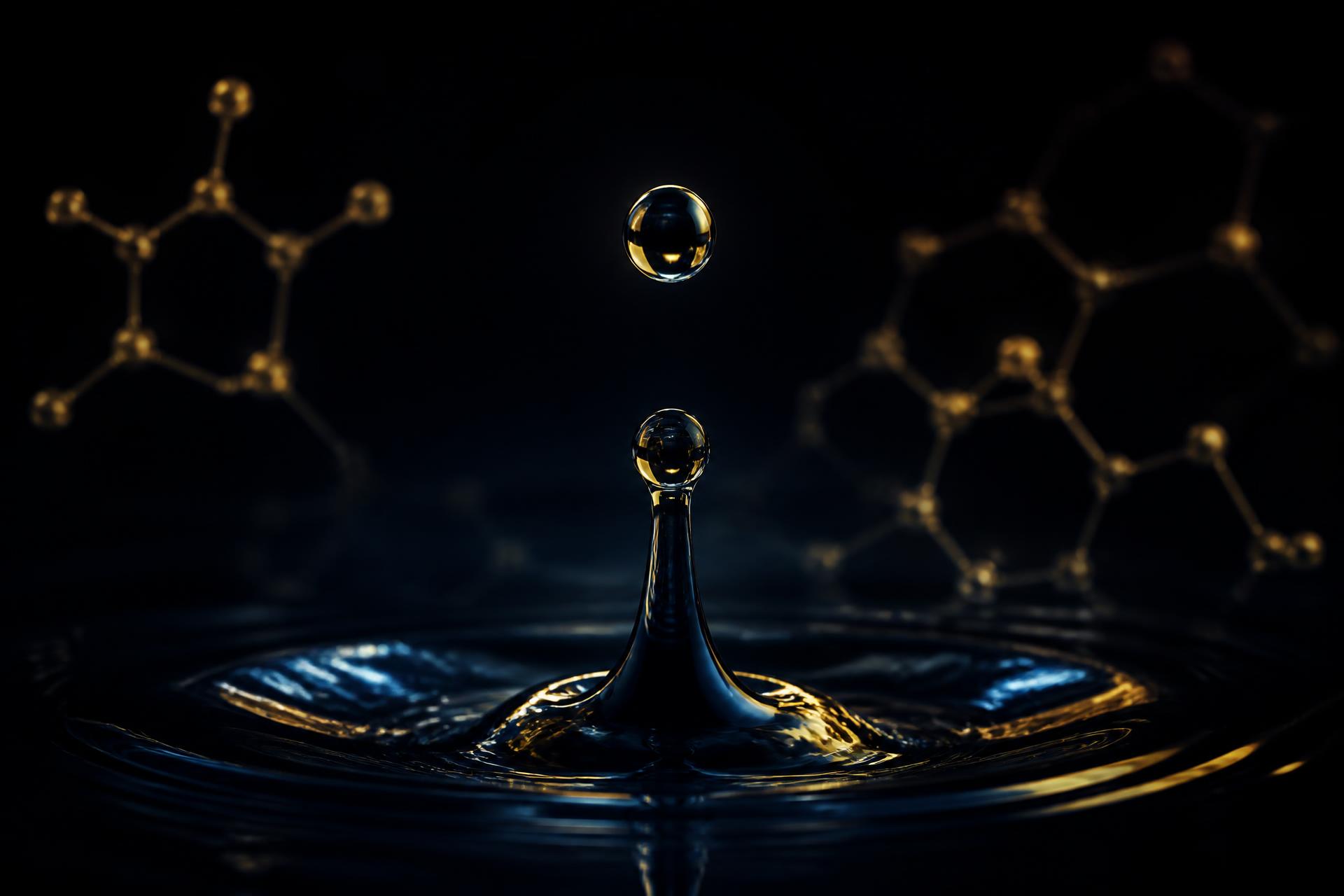 A water droplet falling into dark water with golden molecular structures behind it